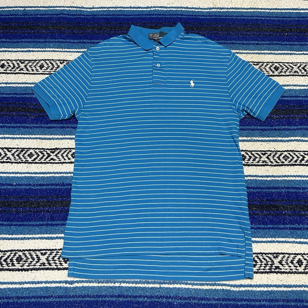 Y2K Polo Ralph Lauren Polo Shirt Mens M Blue Stripe Pony Cotton Golf Preppy